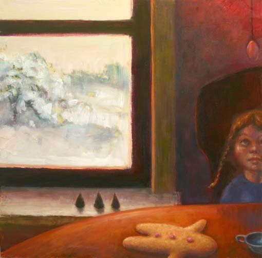 A painting of a girl sitting at a table with a gingerbread man.