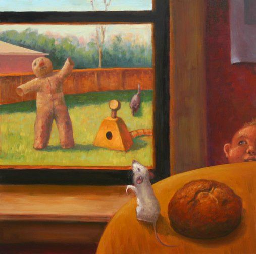 A painting of a gingerbread man and a mouse on a table.
