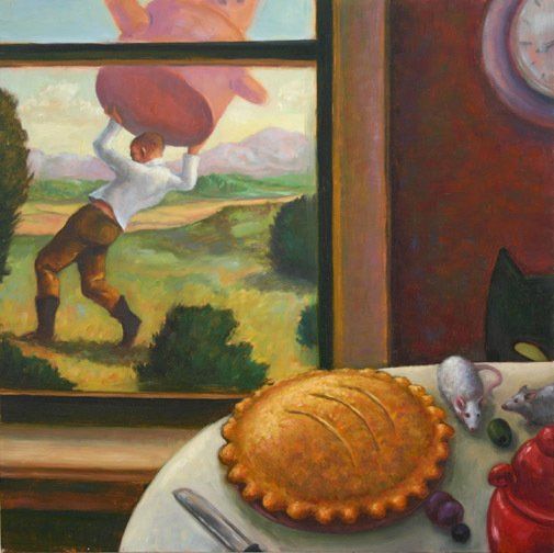 A painting of a man carrying a large object over his head