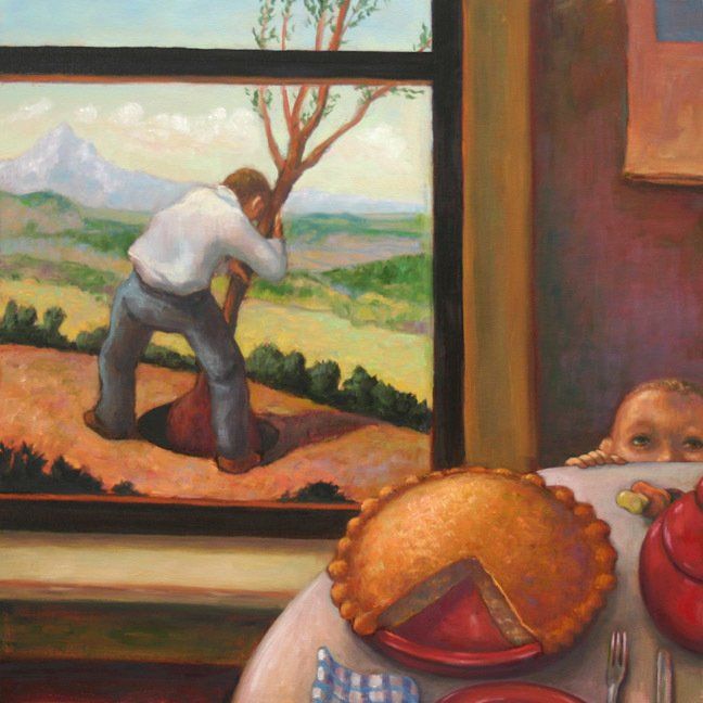 A painting of a man planting a tree in front of a window