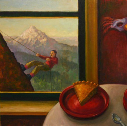 A painting of a man climbing a mountain next to a plate of pie