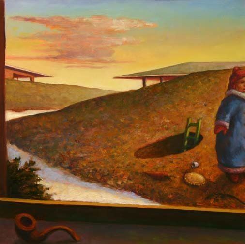 A painting of a child standing on a hill next to a pipe