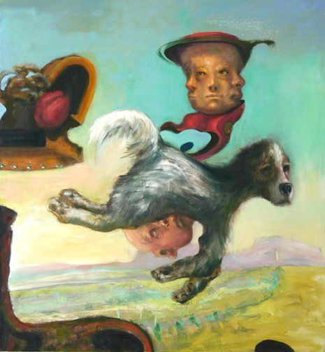 A painting of a dog with multiple faces on it