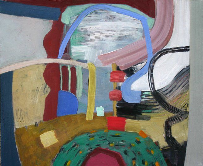 A colorful painting with a green circle in the middle