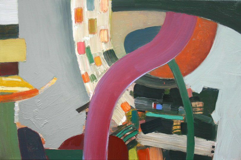 A close up of a painting with a pink swirl in the middle.