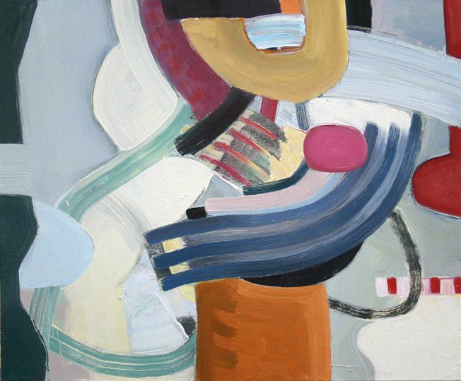 A colorful abstract painting with a pink ball in the middle