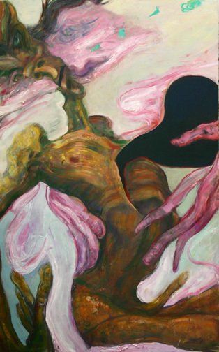 A close up of a painting of a woman surrounded by pink flowers.