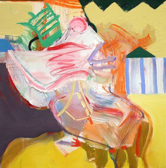 A colorful painting of a woman in a pink dress