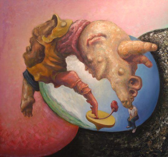A painting of a pig with a man standing next to it