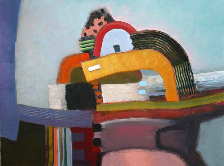 A painting of a colorful object with a purple background