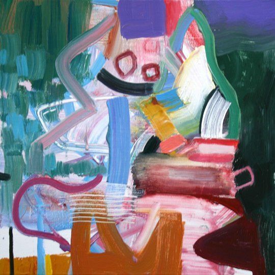 A colorful abstract painting with a green background