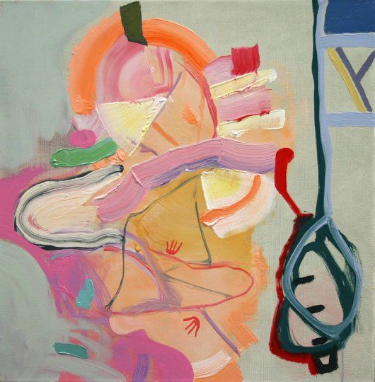 A colorful painting with a blue arrow pointing to the right