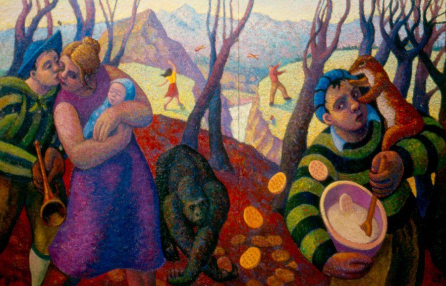 A painting of a group of people and animals in a forest.