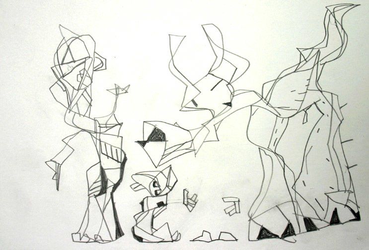 A black and white drawing of a group of animals