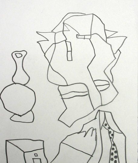 A black and white drawing of a man and a vase