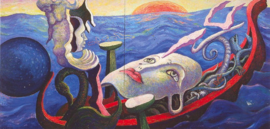 A painting of a woman 's face in a boat in the ocean.