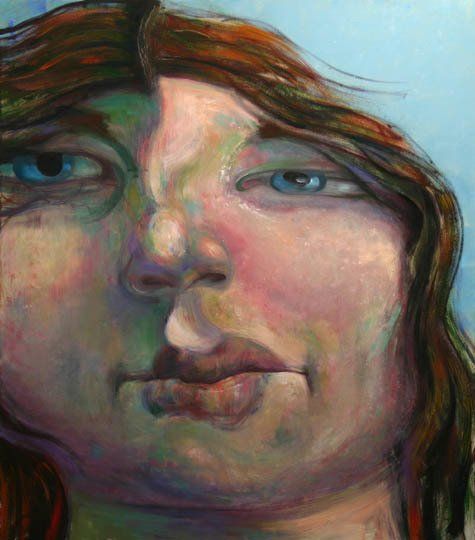 A close up of a woman 's face in a painting.