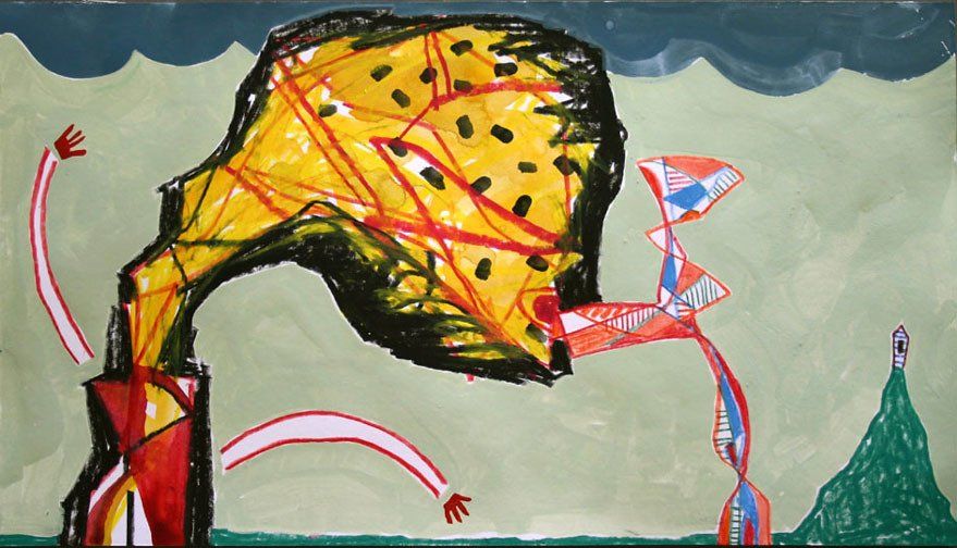 A painting of a yellow object with red and blue lines coming out of it