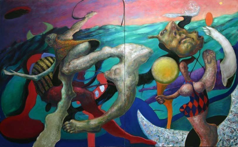 A painting of a group of people dancing in the water