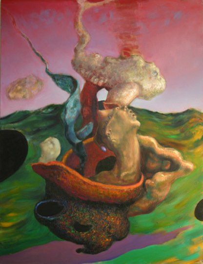 A painting of a strange looking object in a field.