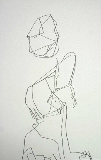A black and white drawing of a man kneeling down