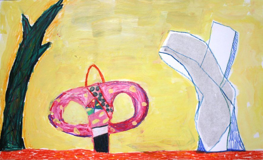 A painting of a tree , a donut , and a shoe on a yellow background.