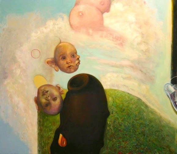 A close up of a painting of a person with their heads in the air.