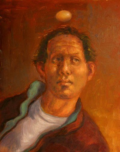 It is a painting of a man with an egg on his head.