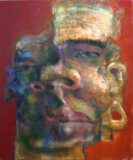 A close up of a painting of a man 's face on a red background.