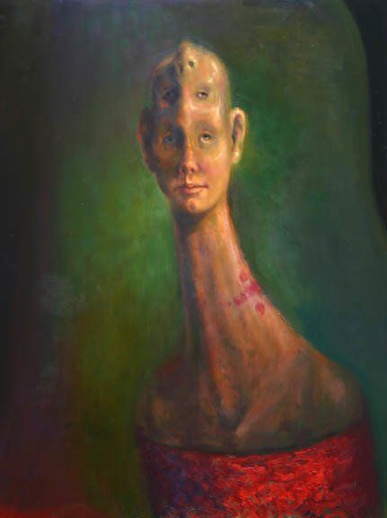 A painting of a man with a long neck and three eyes