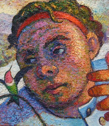 A colorful painting of a person holding a flower in their hand.