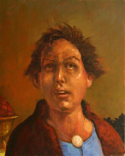 A painting of a woman wearing a blue shirt and a red jacket.