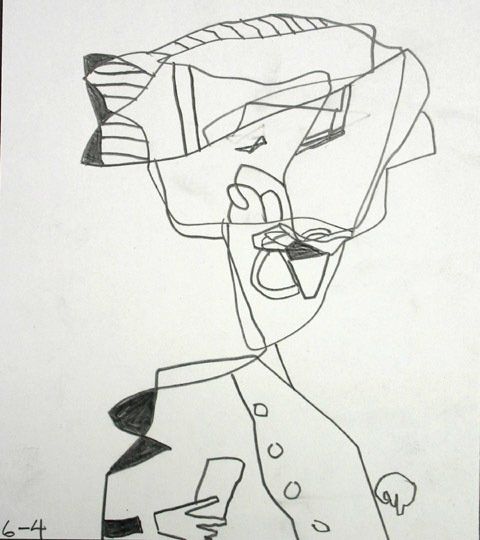 A black and white drawing of a man with the number 6 on the bottom