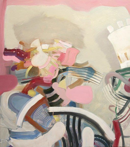 A painting of a chair with a pink background