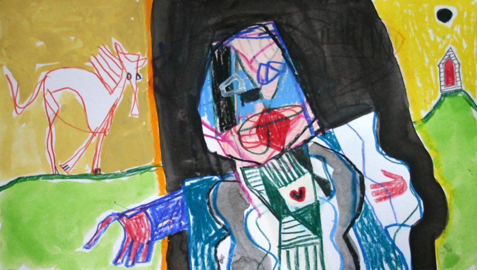 A child 's drawing of a man with a horse in the background.