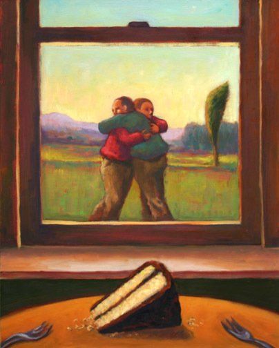 A painting of two people hugging next to a piece of cake on a table