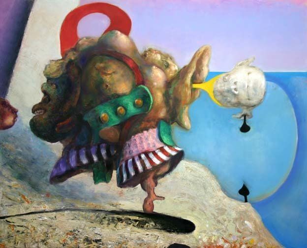 A painting of a strange creature with a striped skirt