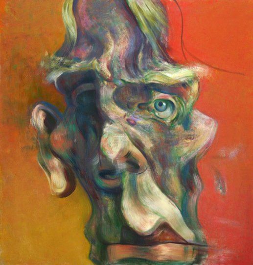 A colorful painting of a man 's face on a red background.