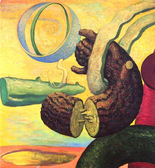 A painting of a person holding a piece of wood