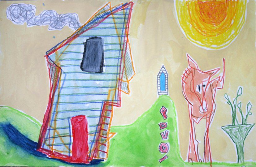 A child 's drawing of a house and a pig
