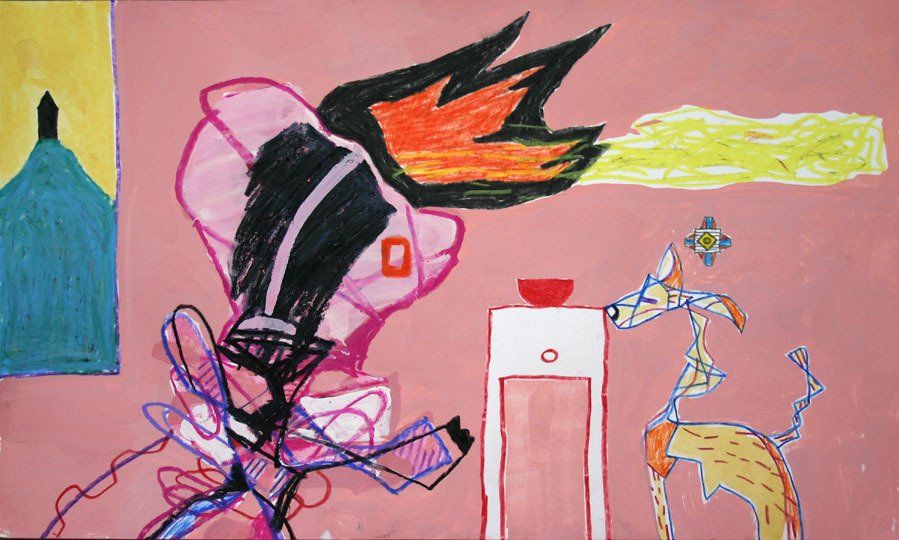 A painting of a woman and a dog on a pink background.