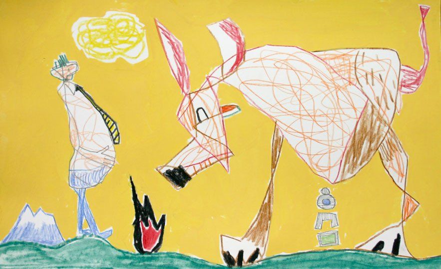 A child 's drawing of a pig and a man on a yellow background.