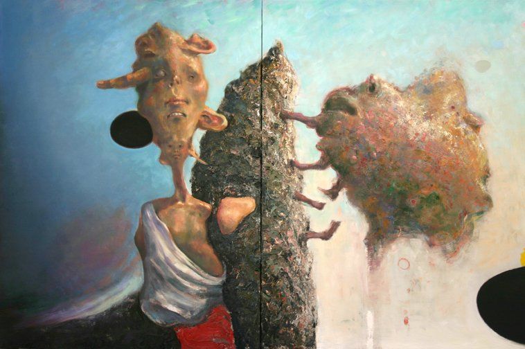 A painting of a person standing next to a large rock.