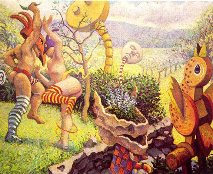 A painting of a man and a woman dancing in a garden