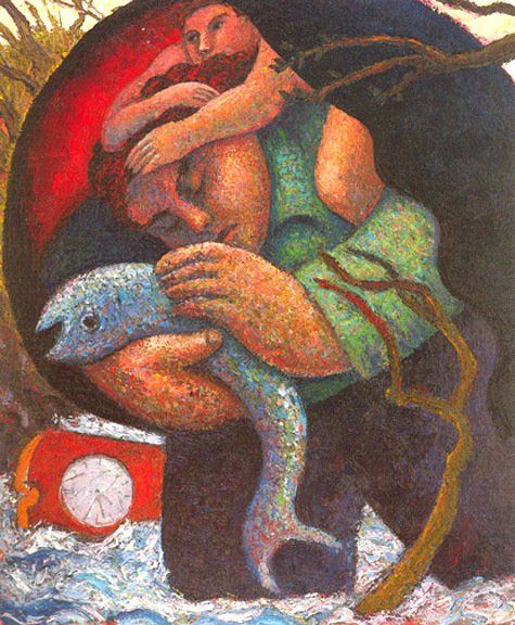 A painting of a man holding a fish in his arms