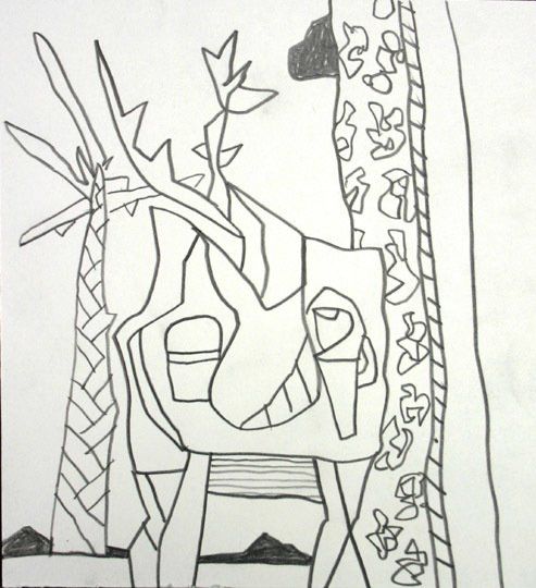 A black and white drawing of a giraffe