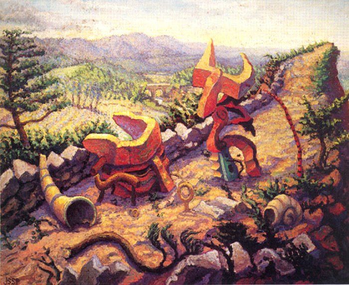 A painting of a landscape with mountains in the background
