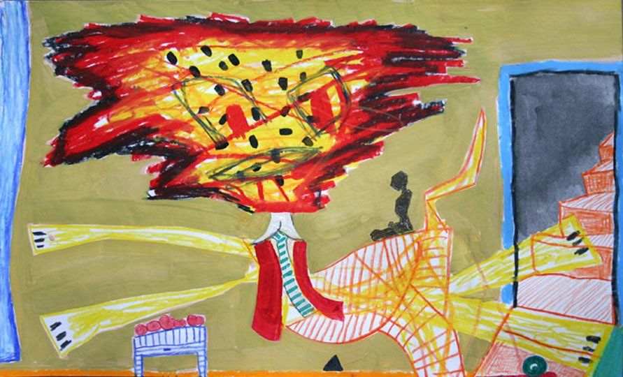 A child 's drawing of a fire coming out of a bottle