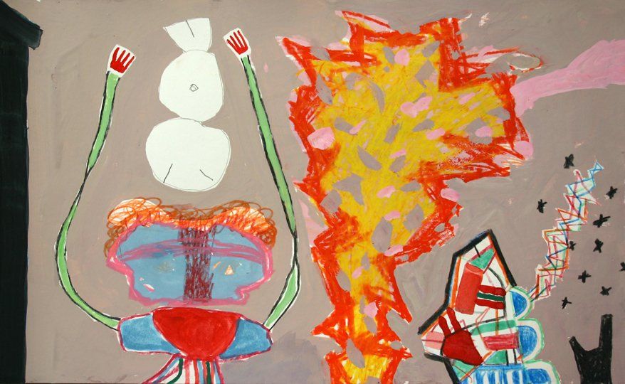 A colorful painting with a clock and a fireball in the background