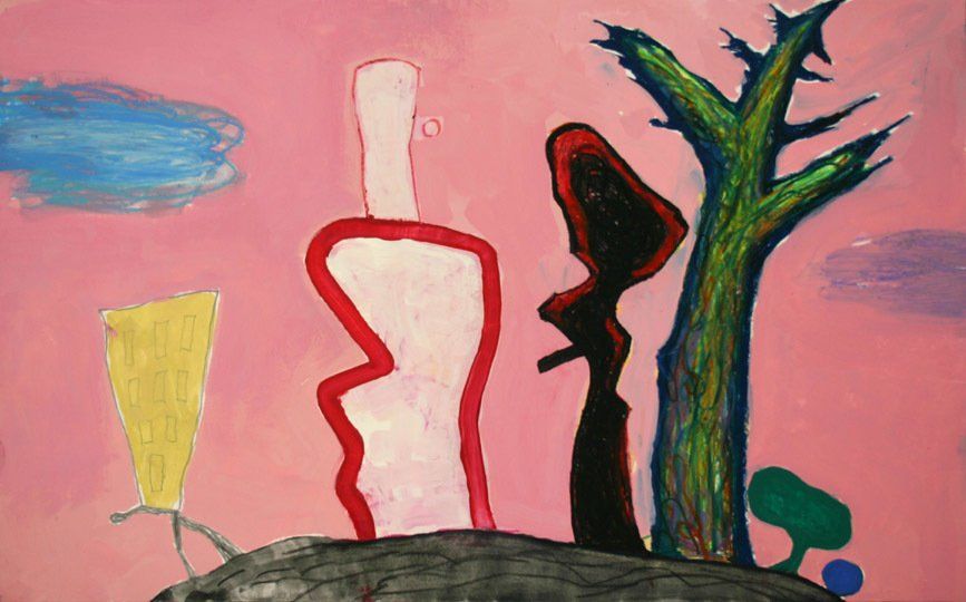 A painting of a bottle and a tree on a pink background.